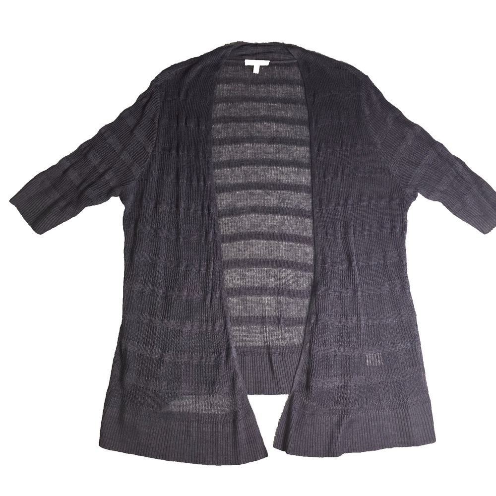 Eileen Fisher Cardigan Women's Gray Sheer Stripe 100% Linen Open Sweater - 1X